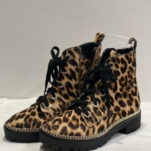 Gianni Bini Lynne leopard print haircalf chain detail combat booties